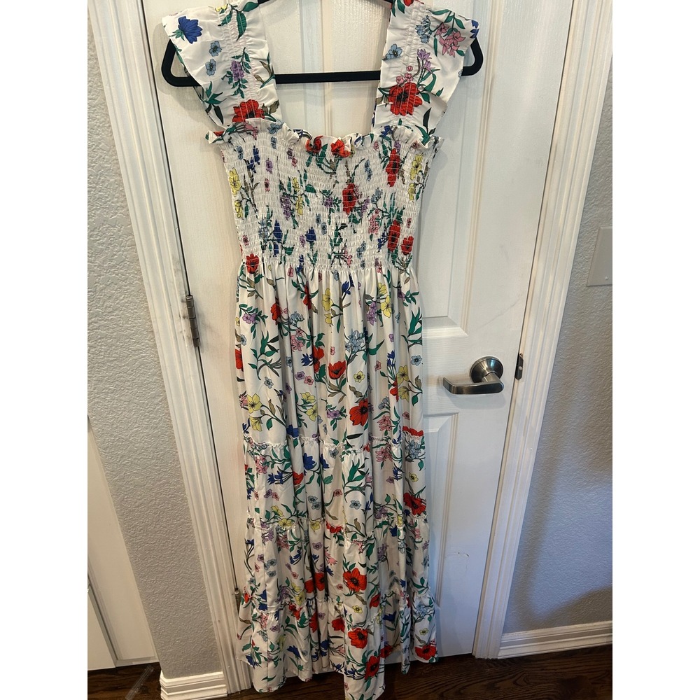 Melloday Maxi Dress White Floral Smocked Bodice Ruffle Tiered Summer Boho